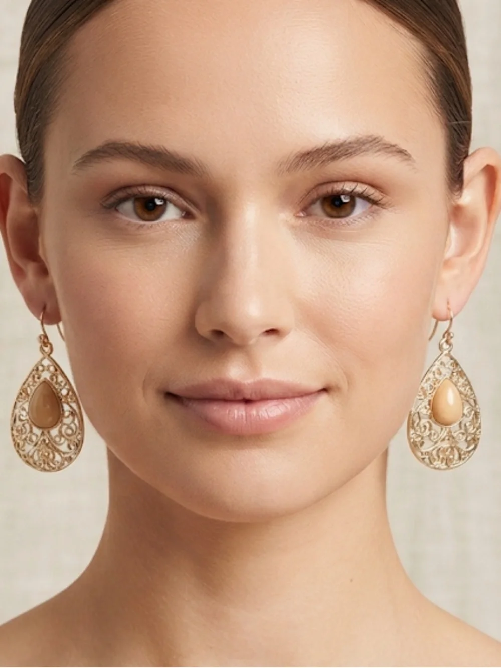 Dress Barn Gold Teardrop Filigree Earrings with Beige Stones